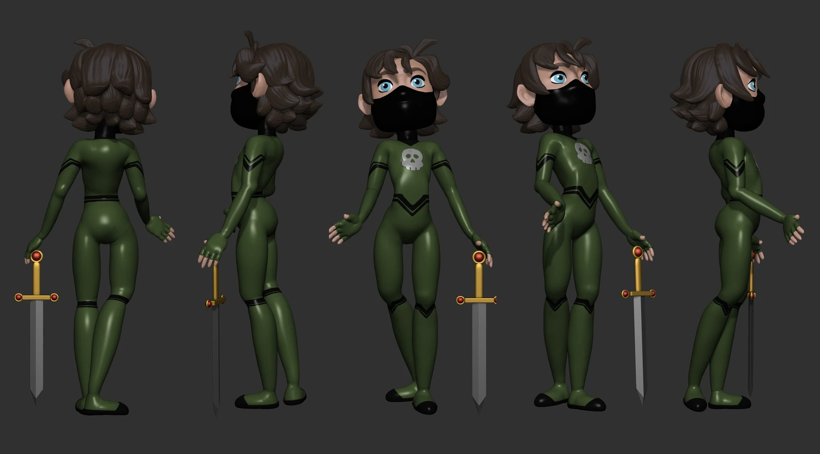 Five angles of the villain character in costume, rendered in ZBrush.
