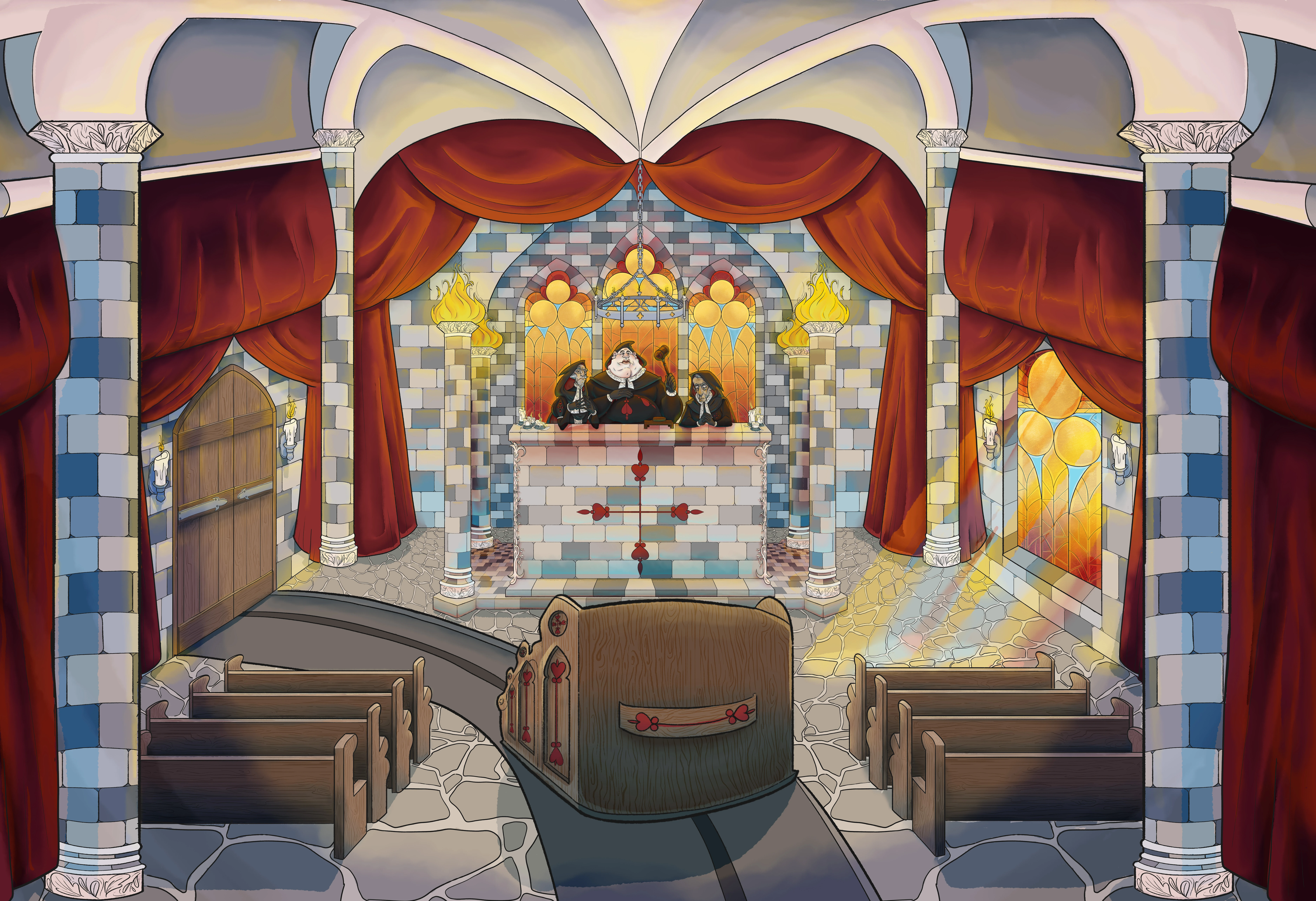 Baroque cathedral courtroom scene, candlelit, with inquisitors presiding