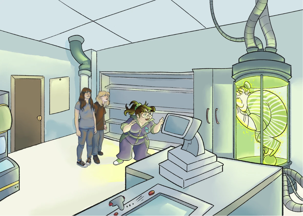 Illustration of Dr. Fantasma congratulating guests after the spirit's capture