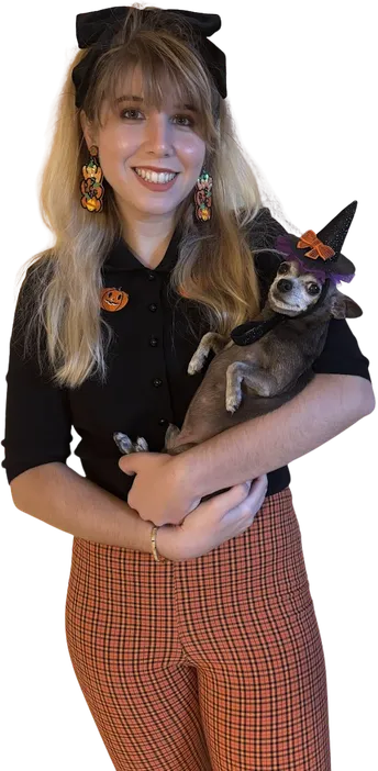 Dani and her little dog dressed for Halloween