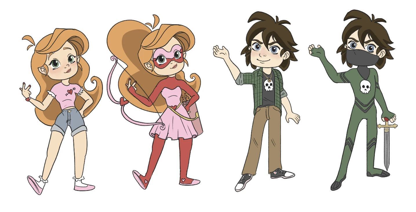 Illustrations of the hero and villain both in and out of costume.
