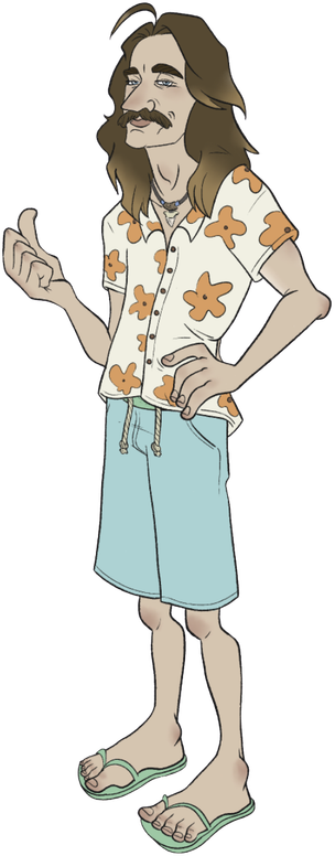 Jim "Jaws" Donnelly in his Hawaiian shirt, long hair, and mustache