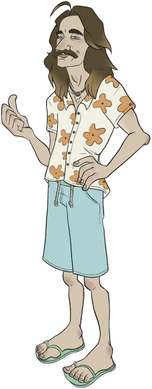 Jim "Jaws" Donnelly in his Hawaiian shirt, long hair, and mustache