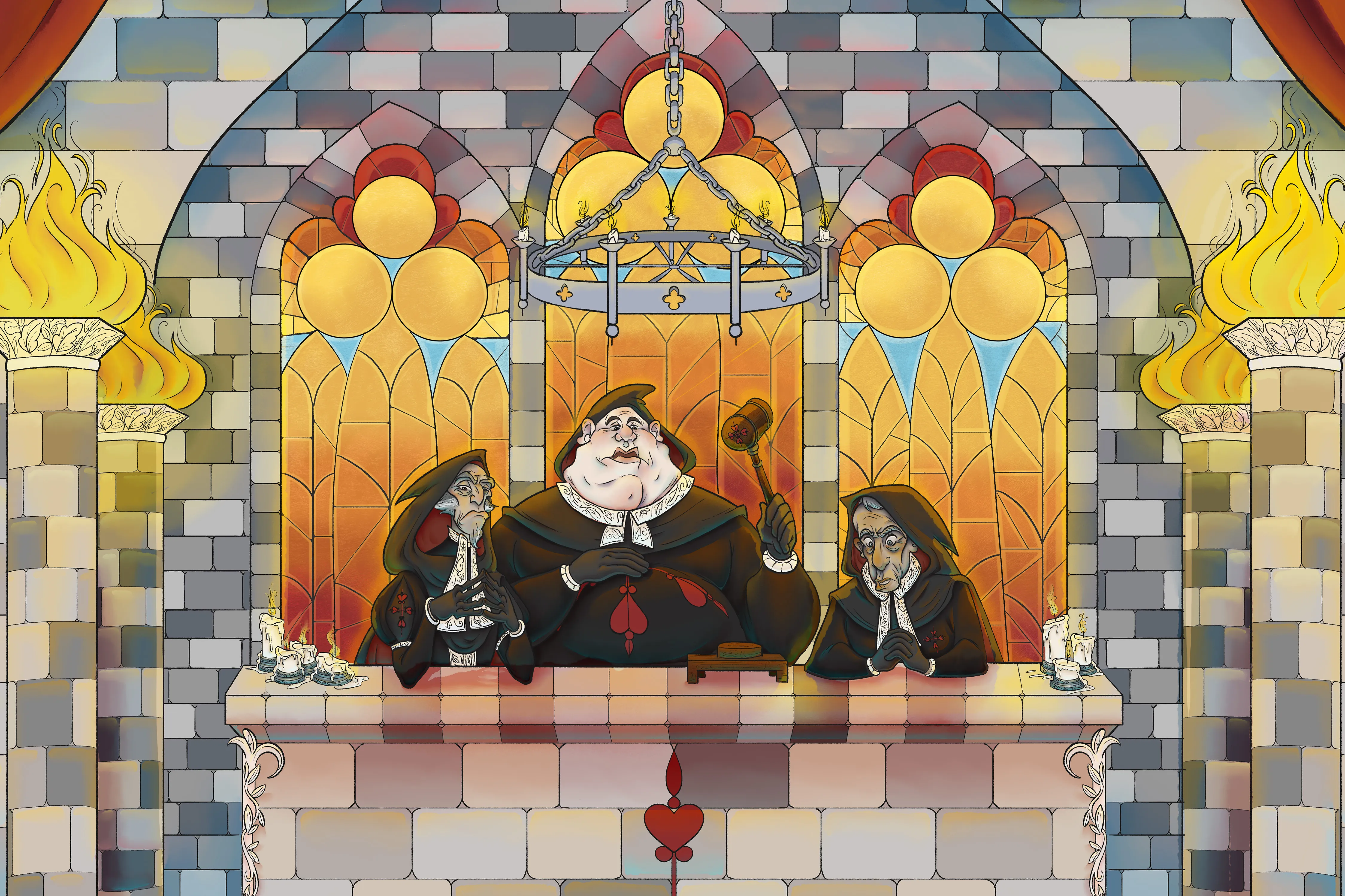 The Inquisition judges, cloaked figures presiding over the trial