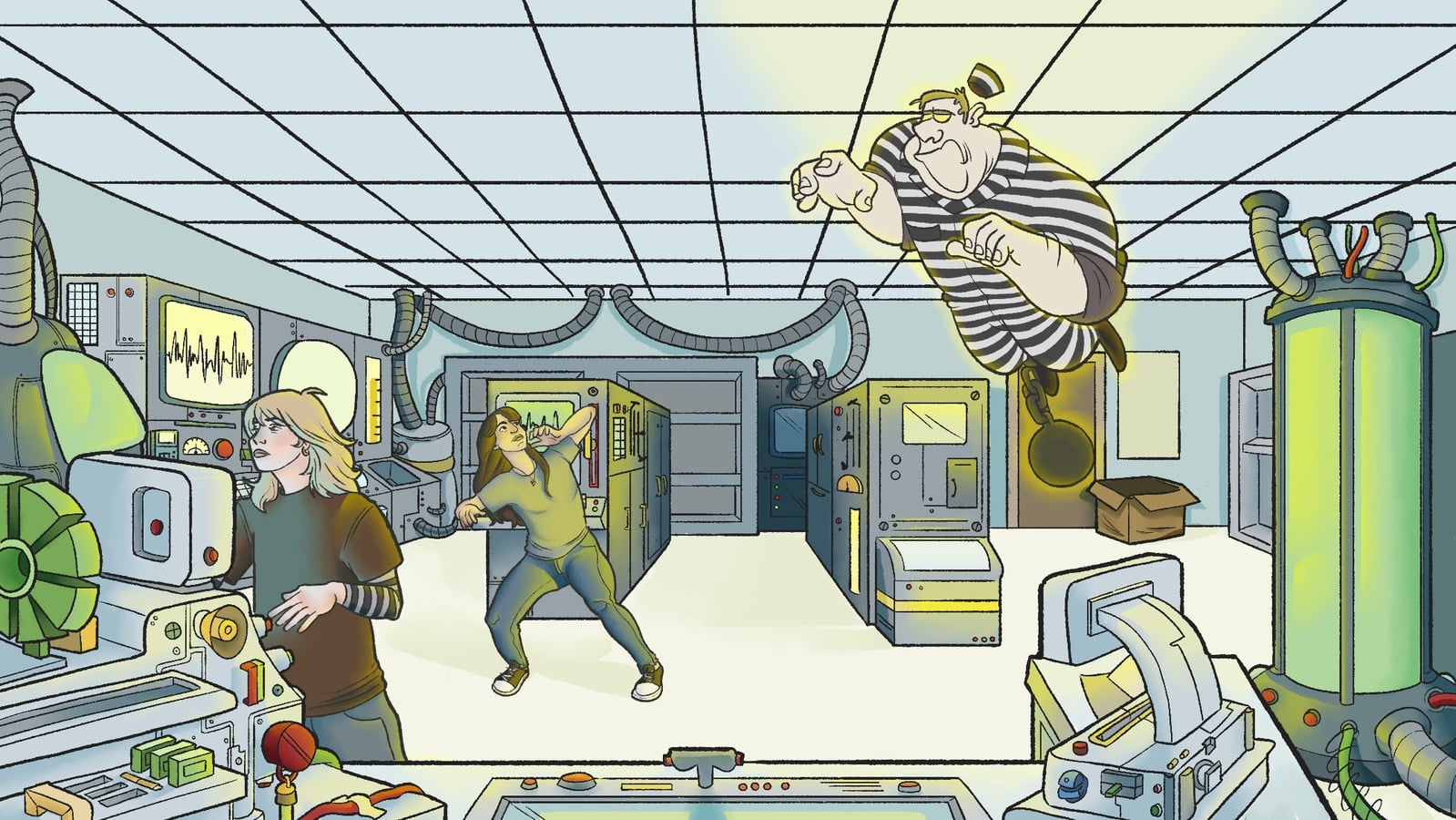 Illustration of Dr. Fantasma's laboratory mid-conjuring: machines, glass bulbs, and a containment chamber under green light