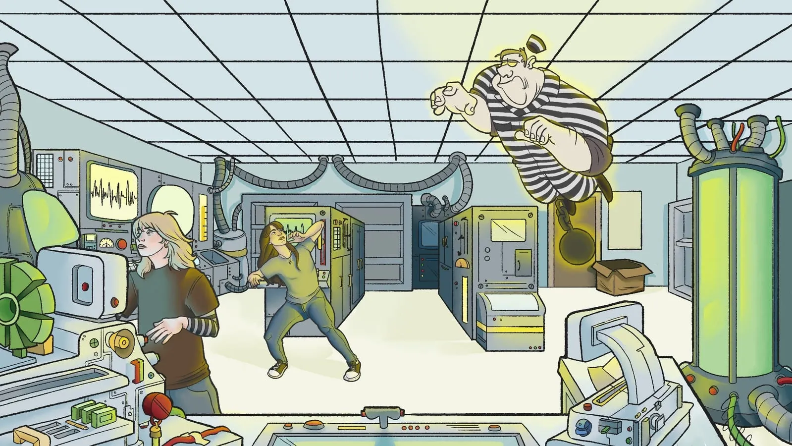 Illustration of Dr. Fantasma's laboratory mid-conjuring: machines, glass bulbs, and a containment chamber under green light