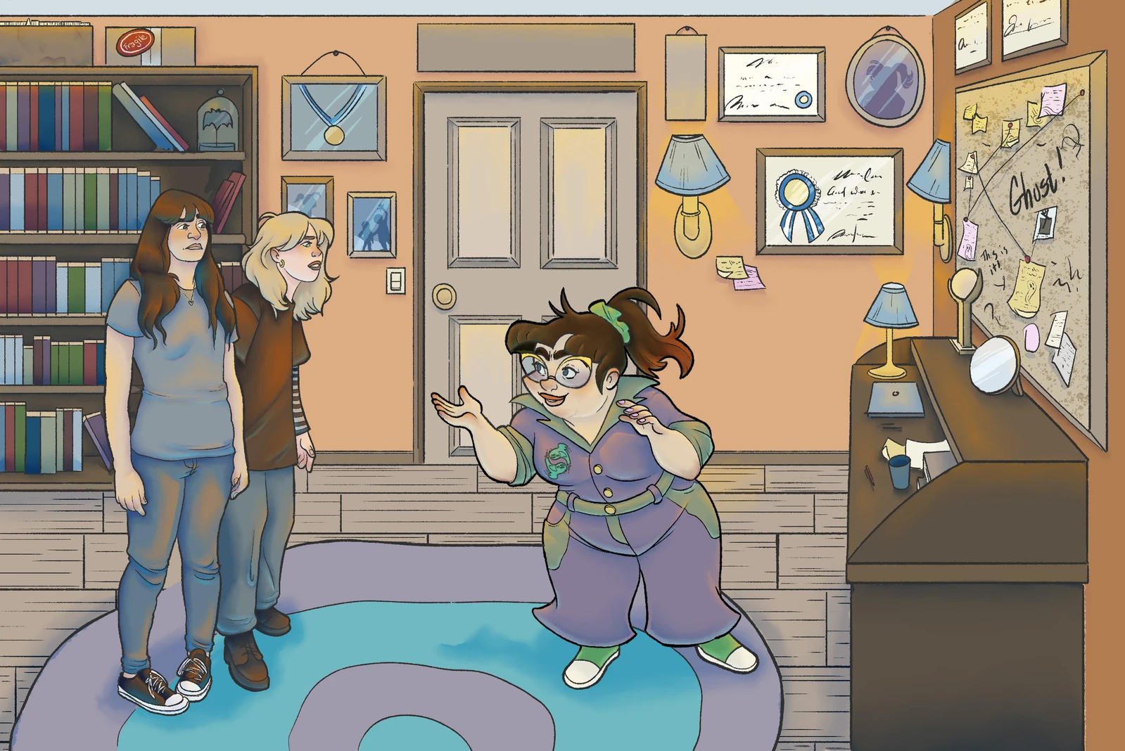 Illustration of Annie's personal office: photographs, awards, and personal items from her past profession