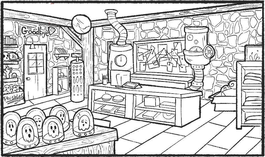 Interior illustration of the paranormal gift shop and lobby, with a community events board behind the counter