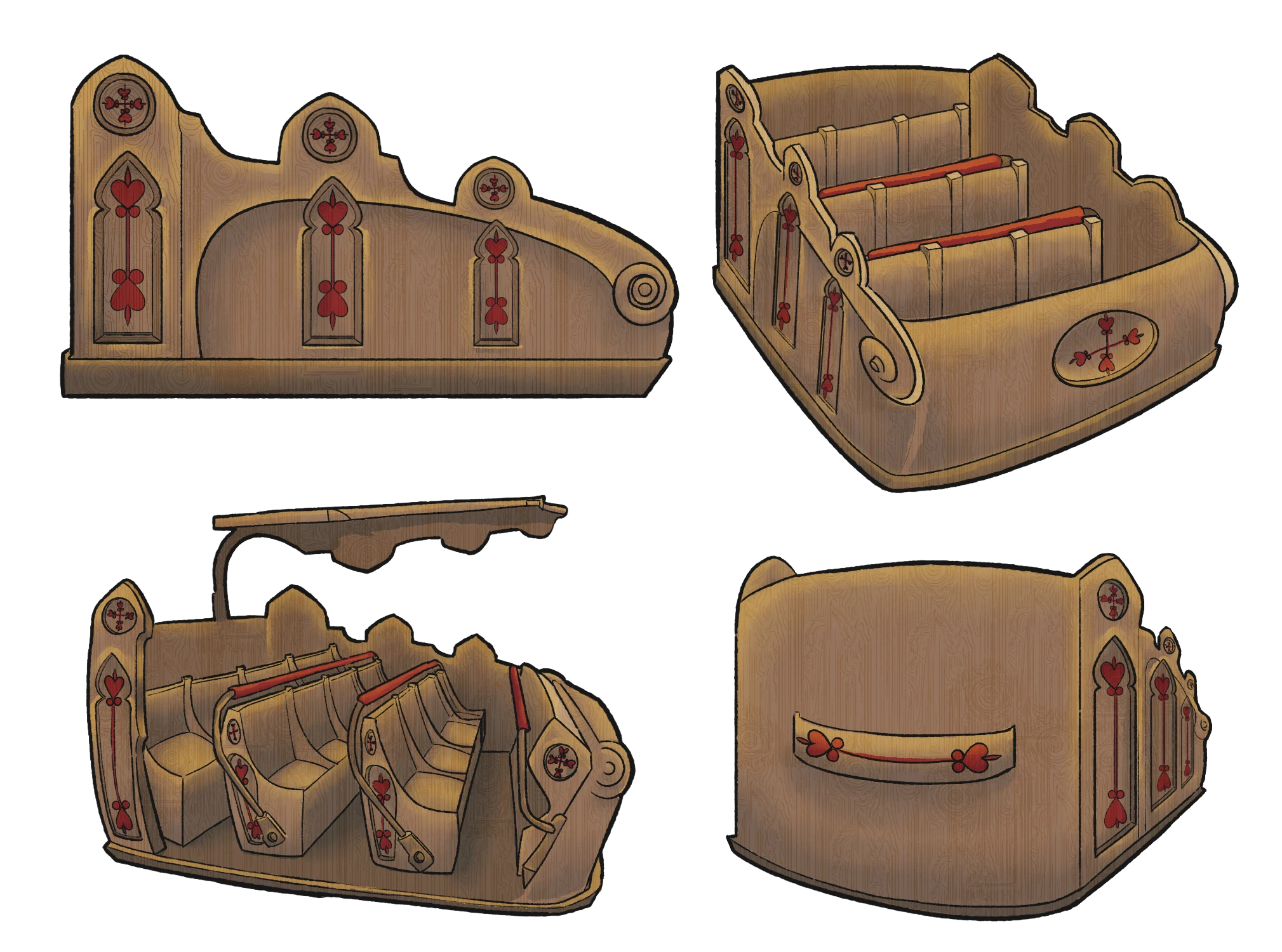 Ride vehicle inspired by cathedral pews with ornate carvings