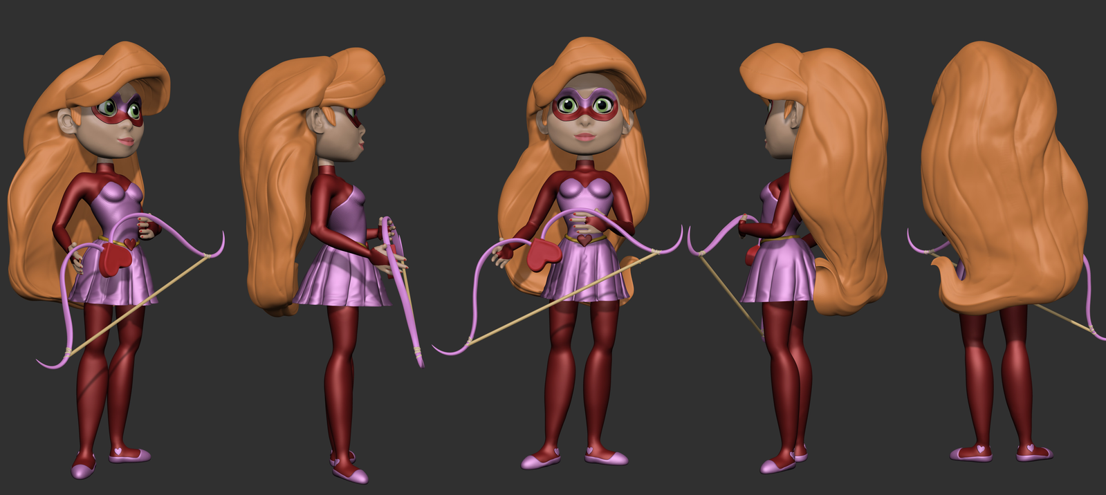 Five angles of the superhero character in costume, rendered in ZBrush.