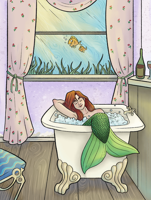 An illustration of a mermaid relaxing in a bathtub.